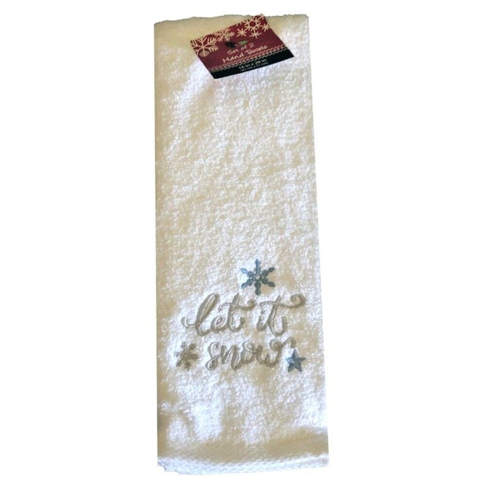 Christmas Hand Towels Set of 2 Snowflake Embroidered Cotton Let It Snow 16x26